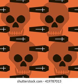 Seamless Halloween pattern of coffins, crosses and skulls. Eerie background in black, white and orange colors. Vector illustration for various creative projects
