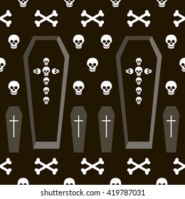 Seamless Halloween pattern of coffins and crosses shapes, skulls and bones. Gloomy eerie background in black, white and gray colors. Vector illustration for various creative projects