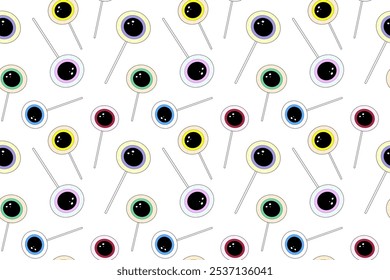 Seamless Halloween pattern with colorful eyeball lollipops on a white background. Perfect for spooky, festive, and creepy designs.