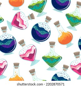 Seamless Halloween pattern with colorful potions bottles.  Illustration in flat cartoon style. Purple, pink, green and orange colors.
Pattern on changing white background.