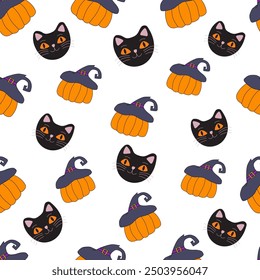 seamless halloween pattern colorful pumpkin in hat and cat