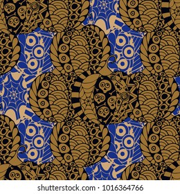 Seamless Halloween Pattern. Colorful Pumpkins Hand Drawn and Traced to Vector. Trendy Zentangle Background for Textile, Fabric, Wrapping. Seamless Pattern with Carved Pumpkins
