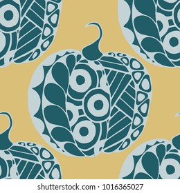 Seamless Halloween Pattern. Colorful Pumpkins Hand Drawn and Traced to Vector. Trendy Zentangle Background for Textile, Fabric, Wrapping. Seamless Pattern with Carved Pumpkins