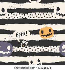 Seamless halloween pattern. Colorful pumpkins and spider on hand drawn background. Stripes and dots.