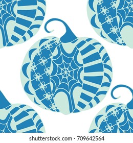 Seamless Halloween Pattern. Colorful Pumpkins Hand Drawn and Traced to Vector. Trendy Zentangle Background for Textile, Fabric, Wrapping. Seamless Pattern with Carved Pumpkins