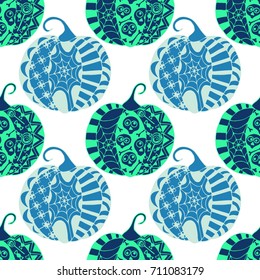 Seamless Halloween Pattern. Colorful Pumpkins Hand Drawn and Traced to Vector. Trendy Zentangle Background for Textile, Fabric, Wrapping. Seamless Pattern with Carved Pumpkins