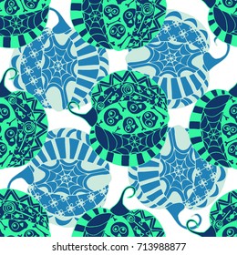 Seamless Halloween Pattern. Colorful Pumpkins Hand Drawn and Traced to Vector. Trendy Zentangle Background for Textile, Fabric, Wrapping. Seamless Pattern with Carved Pumpkins