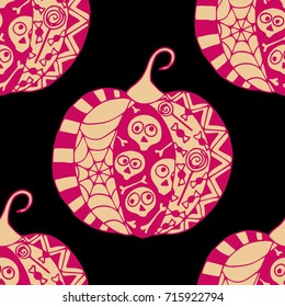 Seamless Halloween Pattern. Colorful Pumpkins Hand Drawn and Traced to Vector. Trendy Zentangle Background for Textile, Fabric, Wrapping. Seamless Pattern with Carved Pumpkins