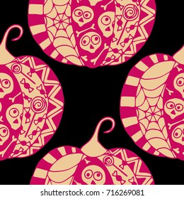 Seamless Halloween Pattern. Colorful Pumpkins Hand Drawn and Traced to Vector. Trendy Zentangle Background for Textile, Fabric, Wrapping. Seamless Pattern with Carved Pumpkins