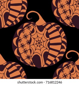 Seamless Halloween Pattern. Colorful Pumpkins Hand Drawn and Traced to Vector. Trendy Zentangle Background for Textile, Fabric, Wrapping. Seamless Pattern with Carved Pumpkins
