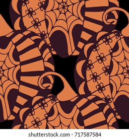 Seamless Halloween Pattern. Colorful Pumpkins Hand Drawn and Traced to Vector. Trendy Zentangle Background for Textile, Fabric, Wrapping. Seamless Pattern with Carved Pumpkins