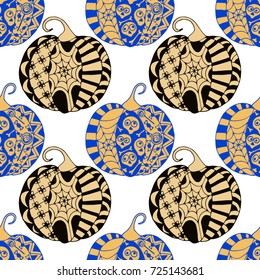 Seamless Halloween Pattern. Colorful Pumpkins Hand Drawn and Traced to Vector. Trendy Zentangle Background for Textile, Fabric, Wrapping. Seamless Pattern with Carved Pumpkins