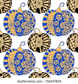 Seamless Halloween Pattern. Colorful Pumpkins Hand Drawn and Traced to Vector. Trendy Zentangle Background for Textile, Fabric, Wrapping. Seamless Pattern with Carved Pumpkins