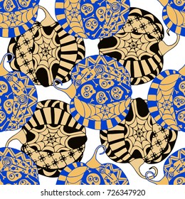 Seamless Halloween Pattern. Colorful Pumpkins Hand Drawn and Traced to Vector. Trendy Zentangle Background for Textile, Fabric, Wrapping. Seamless Pattern with Carved Pumpkins