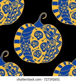 Seamless Halloween Pattern. Colorful Pumpkins Hand Drawn and Traced to Vector. Trendy Zentangle Background for Textile, Fabric, Wrapping. Seamless Pattern with Carved Pumpkins