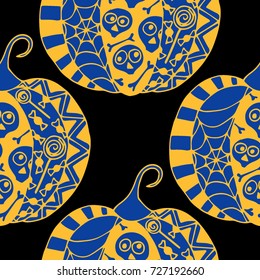 Seamless Halloween Pattern. Colorful Pumpkins Hand Drawn and Traced to Vector. Trendy Zentangle Background for Textile, Fabric, Wrapping. Seamless Pattern with Carved Pumpkins
