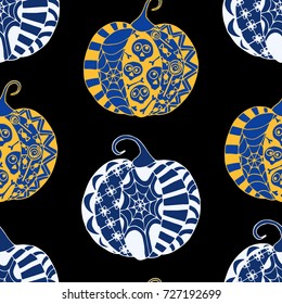 Seamless Halloween Pattern. Colorful Pumpkins Hand Drawn and Traced to Vector. Trendy Zentangle Background for Textile, Fabric, Wrapping. Seamless Pattern with Carved Pumpkins