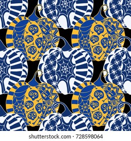 Seamless Halloween Pattern. Colorful Pumpkins Hand Drawn and Traced to Vector. Trendy Zentangle Background for Textile, Fabric, Wrapping. Seamless Pattern with Carved Pumpkins