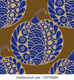 Seamless Halloween Pattern. Colorful Pumpkins Hand Drawn and Traced to Vector. Trendy Zentangle Background for Textile, Fabric, Wrapping. Seamless Pattern with Carved Pumpkins