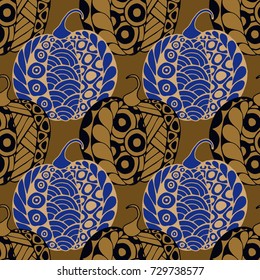 Seamless Halloween Pattern. Colorful Pumpkins Hand Drawn and Traced to Vector. Trendy Zentangle Background for Textile, Fabric, Wrapping. Seamless Pattern with Carved Pumpkins