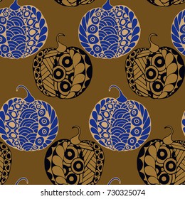 Seamless Halloween Pattern. Colorful Pumpkins Hand Drawn and Traced to Vector. Trendy Zentangle Background for Textile, Fabric, Wrapping. Seamless Pattern with Carved Pumpkins