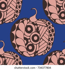 Seamless Halloween Pattern. Colorful Pumpkins Hand Drawn and Traced to Vector. Trendy Zentangle Background for Textile, Fabric, Wrapping. Seamless Pattern with Carved Pumpkins
