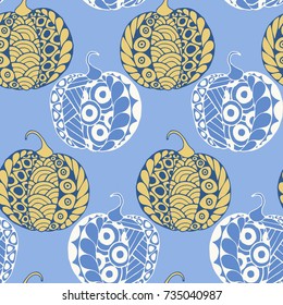 Seamless Halloween Pattern. Colorful Pumpkins Hand Drawn and Traced to Vector. Trendy Zentangle Background for Textile, Fabric, Wrapping. Seamless Pattern with Carved Pumpkins