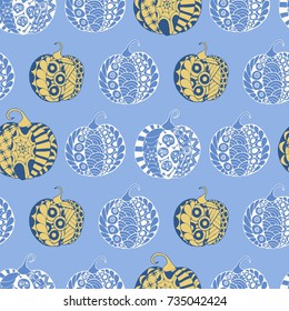 Seamless Halloween Pattern. Colorful Pumpkins Hand Drawn and Traced to Vector. Trendy Zentangle Background for Textile, Fabric, Wrapping. Seamless Pattern with Carved Pumpkins
