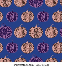 Seamless Halloween Pattern. Colorful Pumpkins Hand Drawn and Traced to Vector. Trendy Zentangle Background for Textile, Fabric, Wrapping. Seamless Pattern with Carved Pumpkins