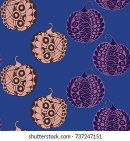 Seamless Halloween Pattern. Colorful Pumpkins Hand Drawn and Traced to Vector. Trendy Zentangle Background for Textile, Fabric, Wrapping. Seamless Pattern with Carved Pumpkins