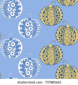 Seamless Halloween Pattern. Colorful Pumpkins Hand Drawn and Traced to Vector. Trendy Zentangle Background for Textile, Fabric, Wrapping. Seamless Pattern with Carved Pumpkins