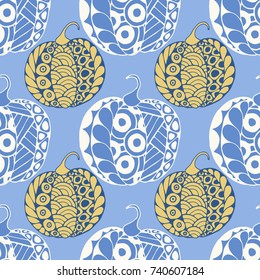 Seamless Halloween Pattern. Colorful Pumpkins Hand Drawn and Traced to Vector. Trendy Zentangle Background for Textile, Fabric, Wrapping. Seamless Pattern with Carved Pumpkins