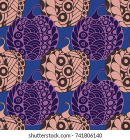 Seamless Halloween Pattern. Colorful Pumpkins Hand Drawn and Traced to Vector. Trendy Zentangle Background for Textile, Fabric, Wrapping. Seamless Pattern with Carved Pumpkins