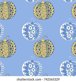 Seamless Halloween Pattern. Colorful Pumpkins Hand Drawn and Traced to Vector. Trendy Zentangle Background for Textile, Fabric, Wrapping. Seamless Pattern with Carved Pumpkins