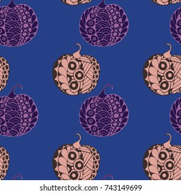 Seamless Halloween Pattern. Colorful Pumpkins Hand Drawn and Traced to Vector. Trendy Zentangle Background for Textile, Fabric, Wrapping. Seamless Pattern with Carved Pumpkins