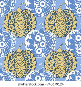 Seamless Halloween Pattern. Colorful Pumpkins Hand Drawn and Traced to Vector. Trendy Zentangle Background for Textile, Fabric, Wrapping. Seamless Pattern with Carved Pumpkins