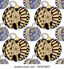 Seamless Halloween Pattern. Colorful Pumpkins Hand Drawn and Traced to Vector. Trendy Zentangle Background for Textile, Fabric, Wrapping. Seamless Pattern with Carved Pumpkins