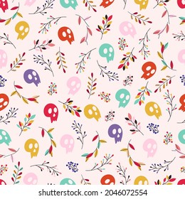 Seamless Halloween pattern with colorful sculls and leaves. 