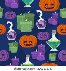 Seamless Halloween pattern with colorful spots, potions bottle, pumpkins and candles. Illustration in flat cartoon style. Purple, green and orange colors.