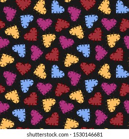 Seamless Halloween pattern with colorful voodoo hearts - colored hearts with stitches on black background, voodoo symbols. Design for greeting card, gift box, wallpaper, fabric, web design.