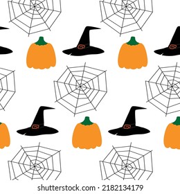 Seamless Halloween pattern consisting of a pumpkin, a witches head and cobwebs. Repeating texture.