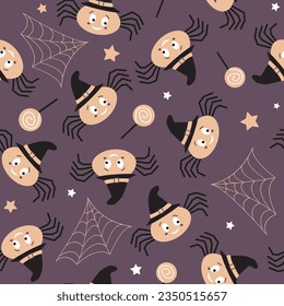 Seamless halloween pattern. Creative vector spooky dark background with cute spider. Funny creepy pattern for textile and fabric. Repeat spider, happy halloween.