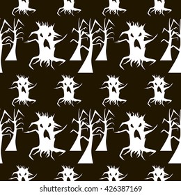 Seamless Halloween pattern of creepy demonic trees. Nightmare animated forest. Dead trees with gnarled branches. Eerie background in black and white colors. Vector illustration