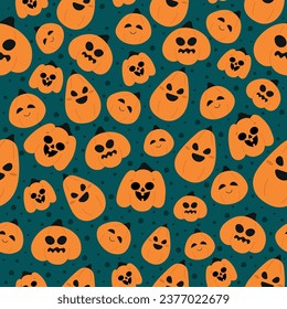 Seamless halloween pattern with creepy and funny pumpkins on green background for kids party, fabric, textile, backgrounds, invitations. Vector