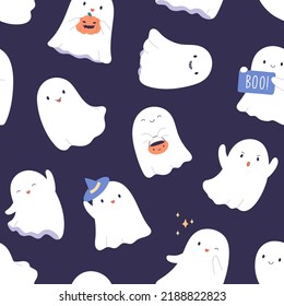 Seamless Halloween pattern with cute baby ghosts. Endless background, texture design with happy funny childish phantoms, spirits, repeating print. Colored flat graphic vector illustration for textile