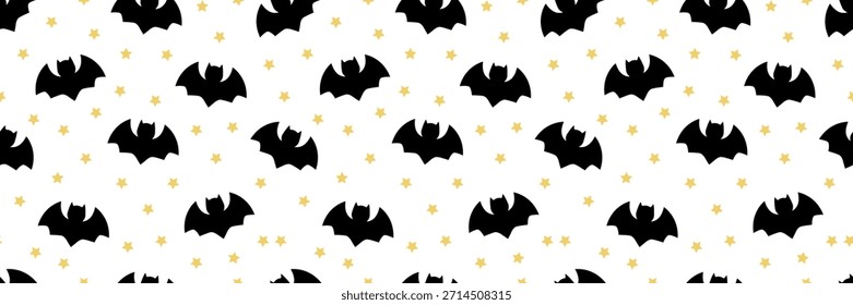 Seamless Halloween pattern with cute bat silhouettes and spooky elements. Perfect vector background for festive prints, featuring vampires, pumpkins, and stars in playful design.