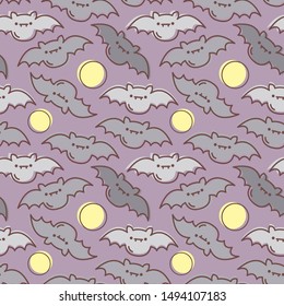 Seamless halloween pattern with cute bats on purple background for greeting card, gift box, fabric, web design.