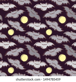 Seamless halloween pattern with cute bats on dark background for greeting card, gift box, fabric, web design.