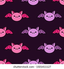 Seamless halloween pattern with cute bats on black background for greeting card, gift box, wallpaper, fabric, web design.