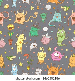 Seamless halloween pattern with cute cartoon monsters on dark background. Doodle style.Vector contour image.